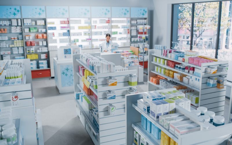 big modern pharmacy drugstore shelves full