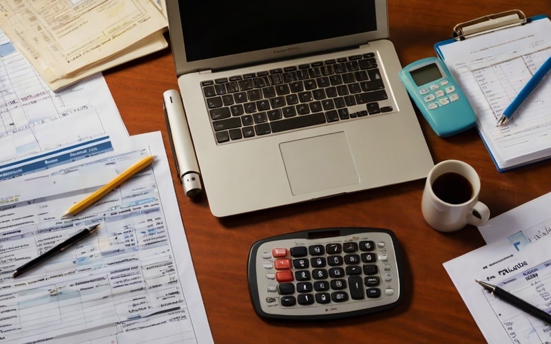 calculator sits desk calculator cup coffee