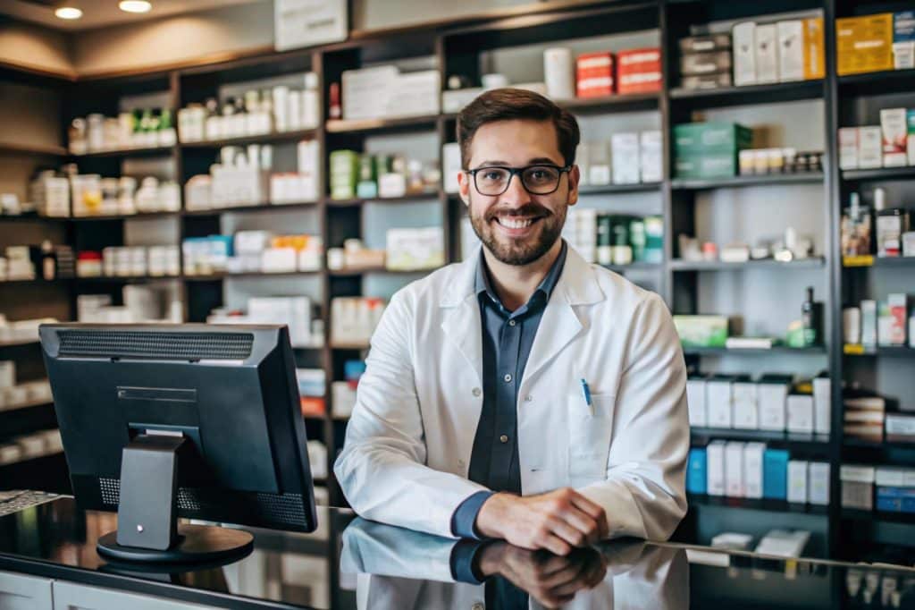 Pharmacy Owner Surrounded by Medicine